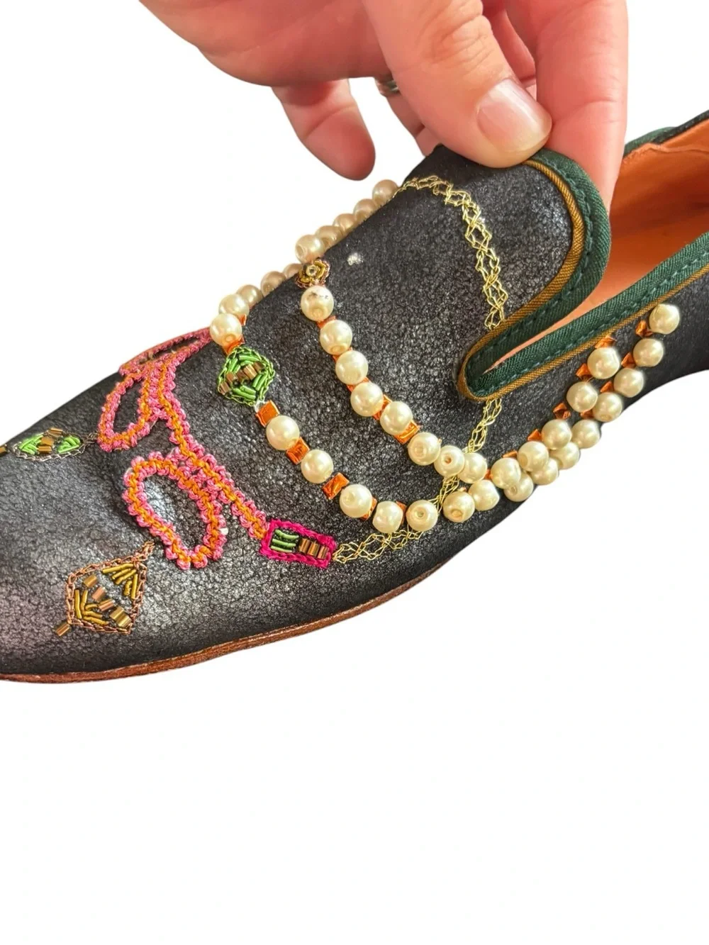 Meher Kakalia Women's Embellished Embroidery Navy Slip-On Loafers Pearls Size 39